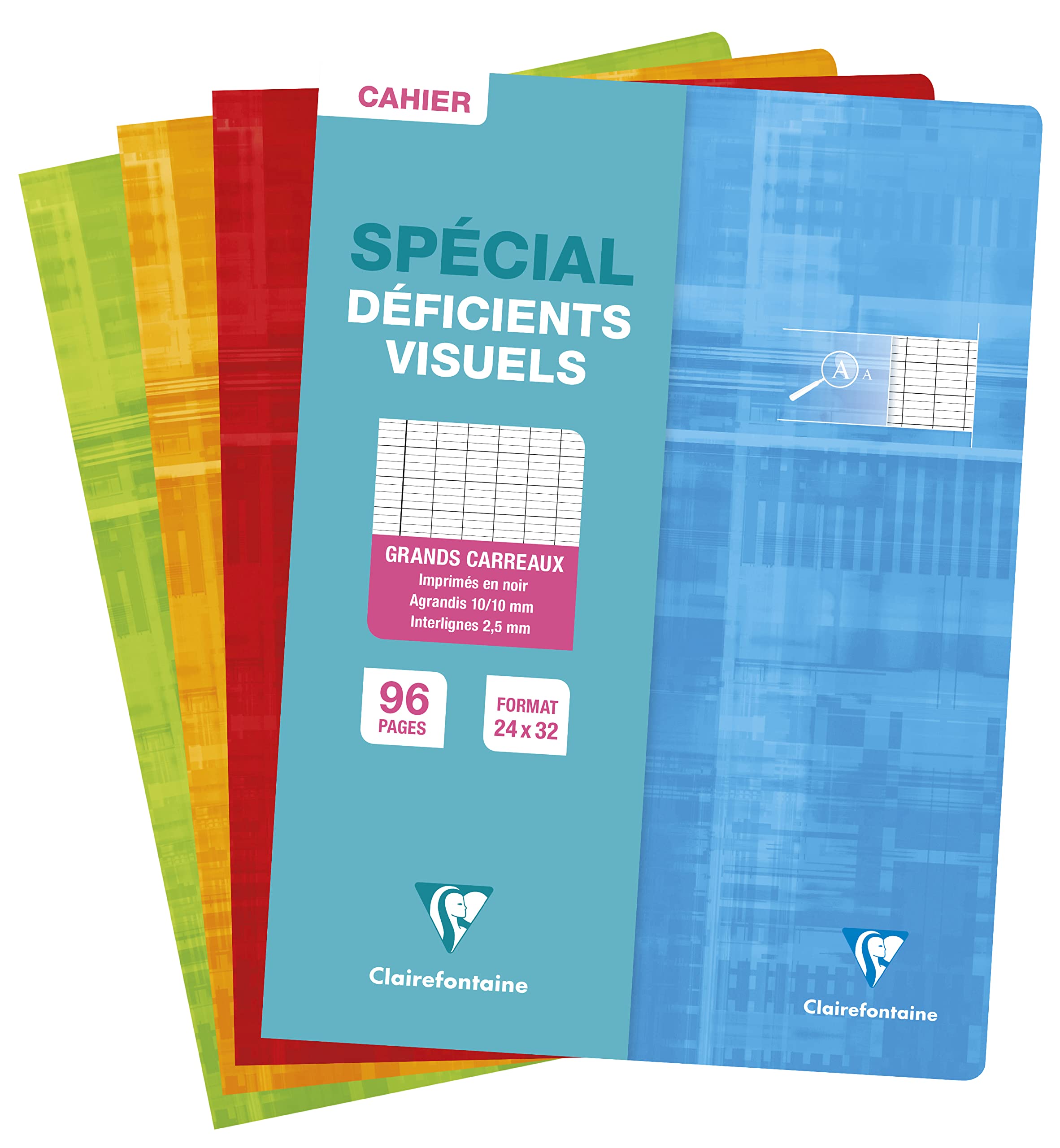 Clairefontaine 63396C Stapled Notebook for the Visually Impaired - 24x32 - 96 Pages Seyes Black Squares 2.5mm 10/10 - White Paper 90g - Card Cover Random Colour