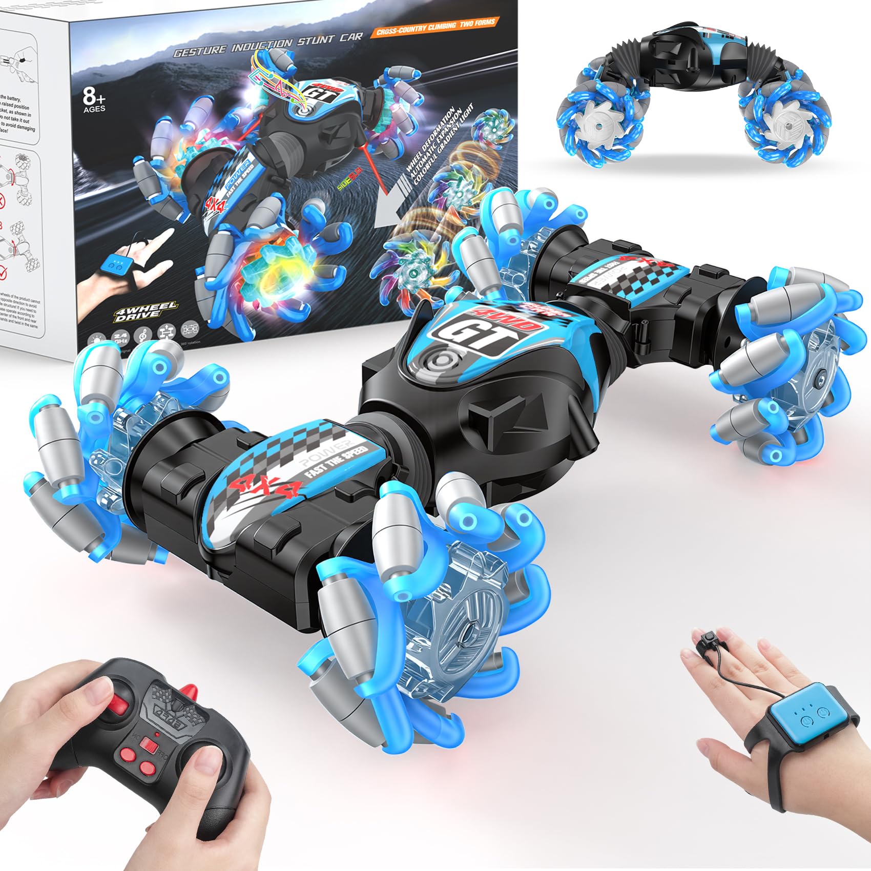 Photo 1 of 1:12 Gesture Sensing RC Stunt Car, 2-in-1 Hand Controlled Remote Control Twist Cars with Light & Music, 4WD 360° Rotate Transform Drift, Gifts for 6-8-12 Kids Age 6 7 8 9 10 11 12 Yrs Old?(Blue)