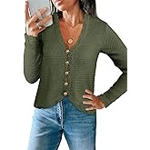 Saodimallsu Womens V Neck Cardigan Sweaters Button Up Cropped Boho Knit Long Sleeve Loose Trendy Sweater Tops