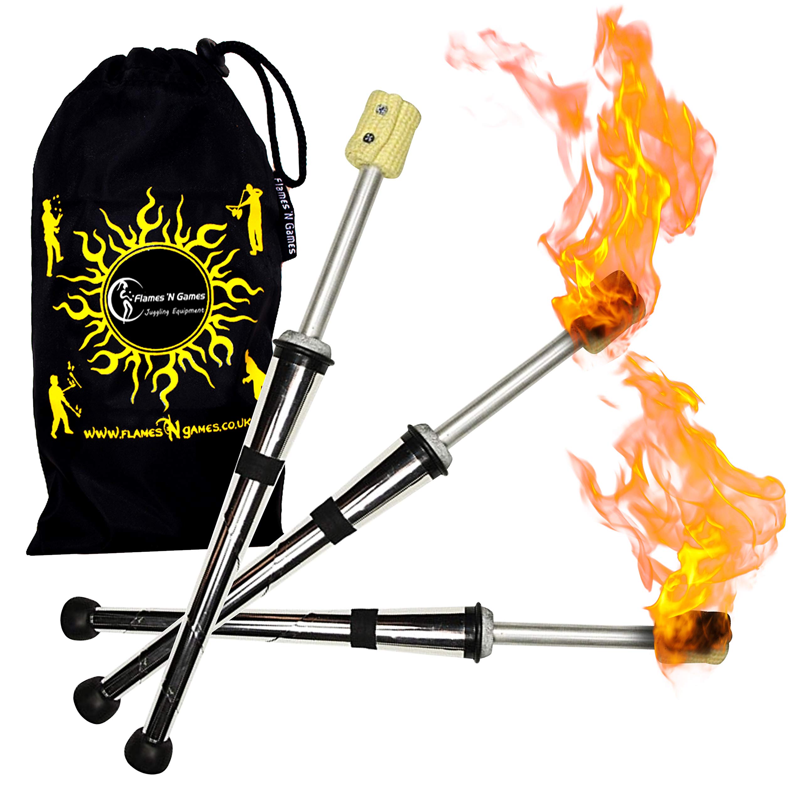 Juggle Dream 3x PULSAR Fire Juggling Torches Pro Juggling Fire Torch Set of 3 + Flames N Games Travel Bag! Exellent Training set of Torches for Fire Juggling!