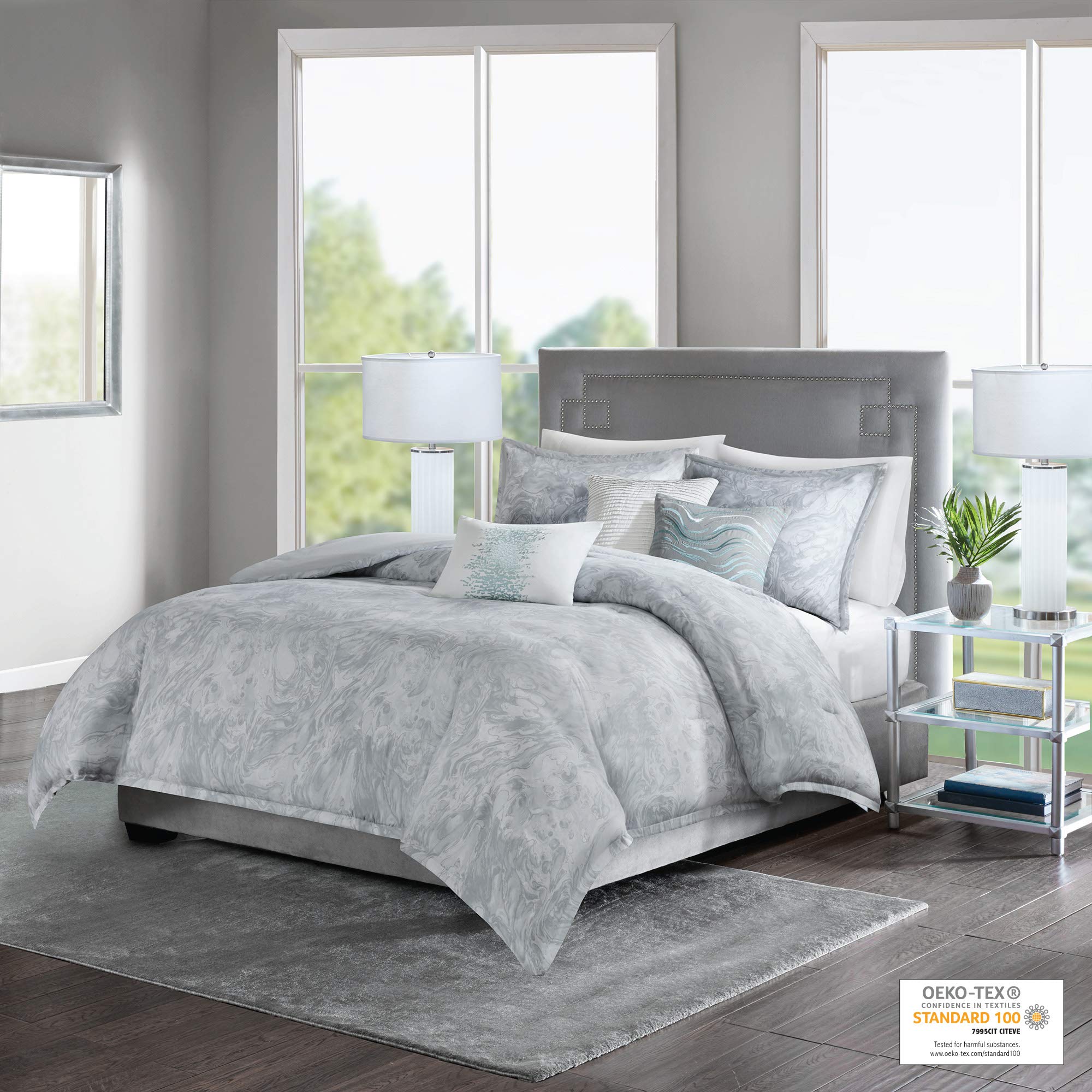 Madison Park Emory Duvet Cover Cross-Weave Reversible Solid Cotton Sateen Corner Ties Pattern Printed Pleated Embroidered Pillow Ultra Soft All Season Bedding-Set, King/Cal King(104"x92"), Marble Grey