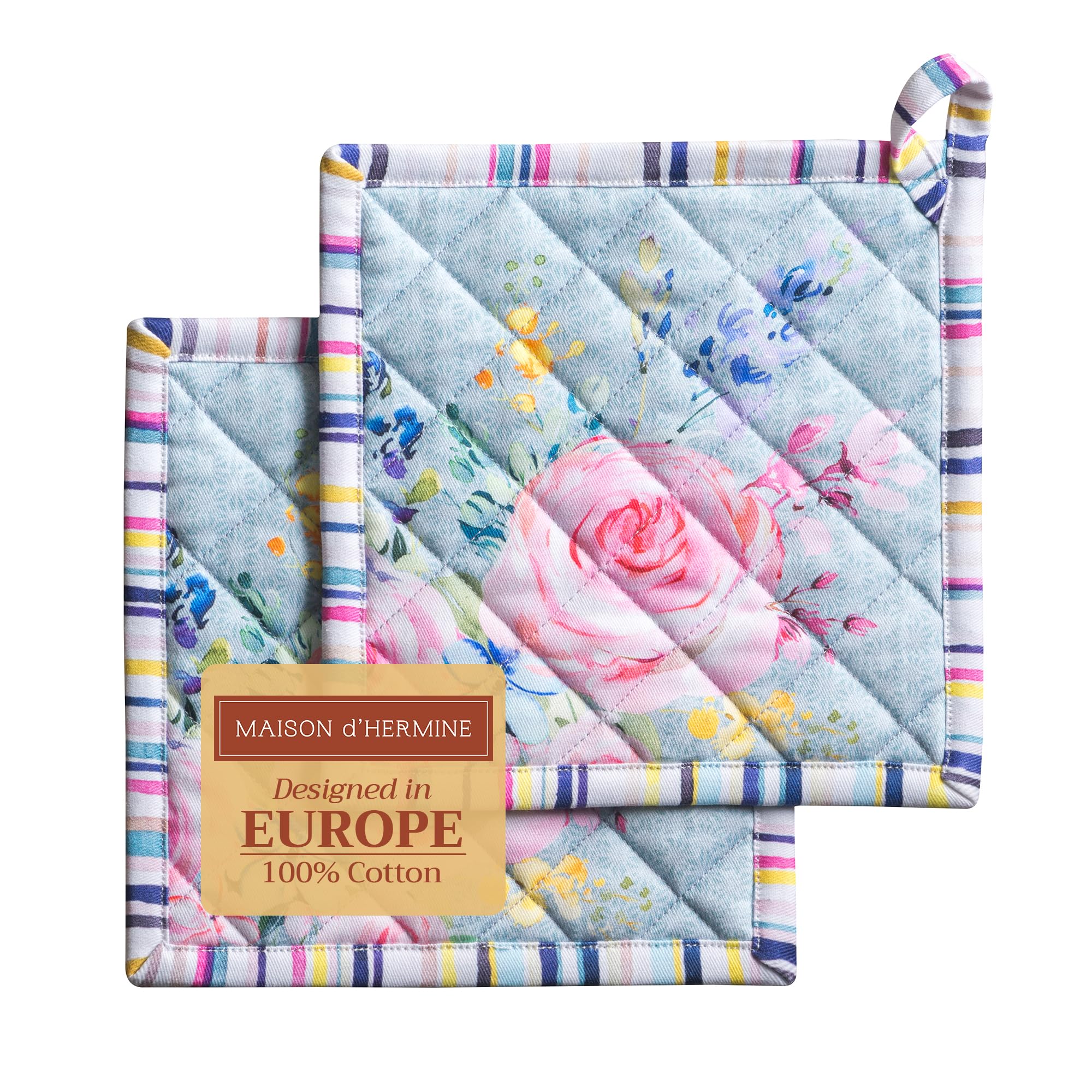 Maison d' Hermine Pot Holders Set 100% Cotton Heat Resistant Potholders 20 cm x 20 cm Hot Pads with Loop for Cooking Baking Handling Hot Pans Gifts for Mothers Day (Pack of 2, Sweet Rose Lavender)