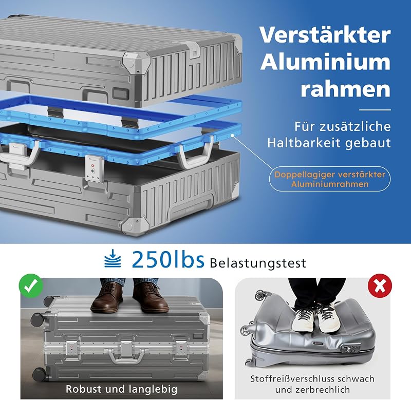 Koffer Größe M Reisekoffer Leicht Hartschalenkoffer Polycarbonat 37L Luggage Suitcase mit Rollen TSA Schloss & Aluminium Rahmen Handgepäck 37 * 22 * 55.5cm Grau