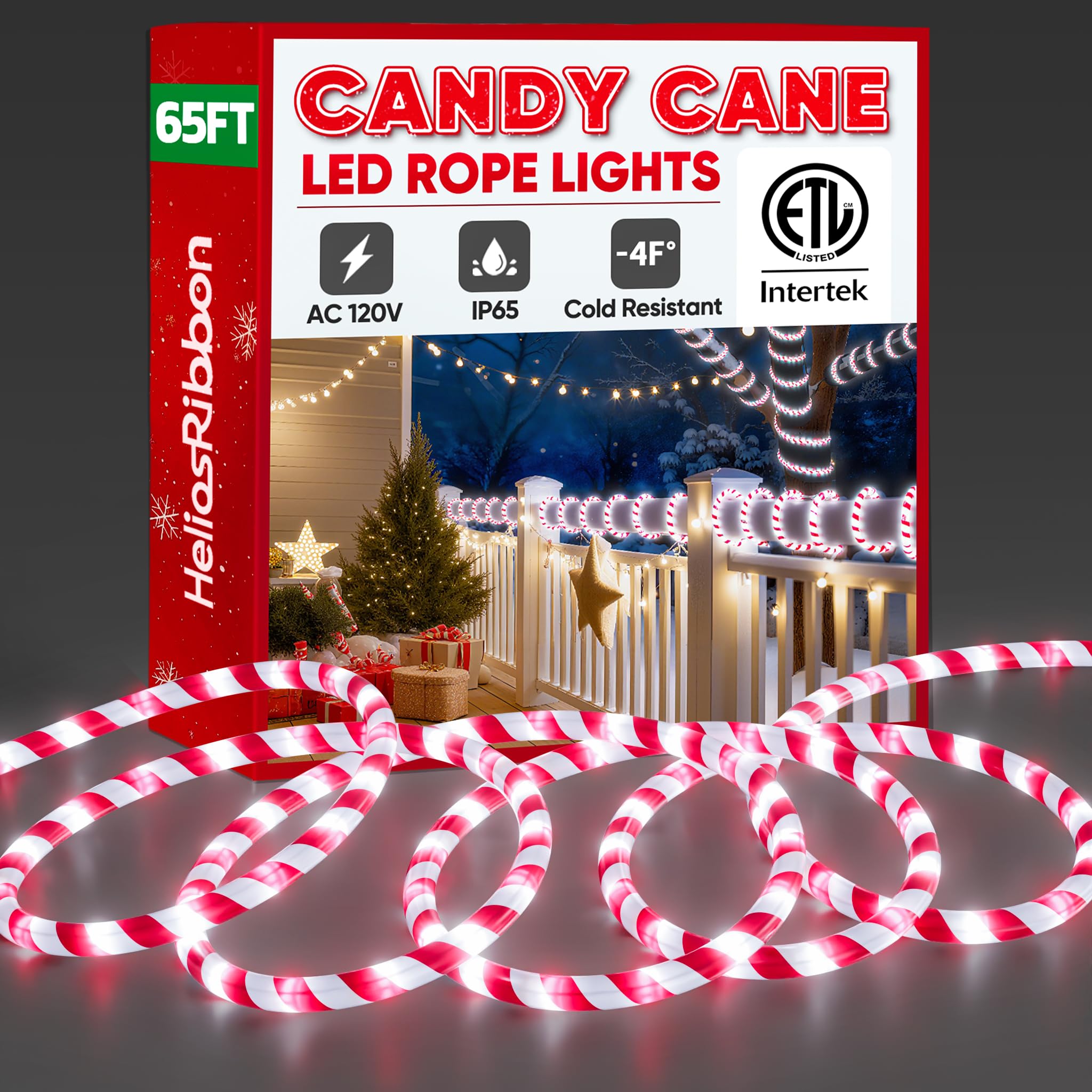 Photo 1 of 65FT Candy Cane Rope Lights, Christmas Led Rope Light Outdoor ETL Listed, Waterproof Tube Lighting Connectable and Cuttable, for Festival Porch Railing Pillar Garden Fence Xmas Tree, Red and White