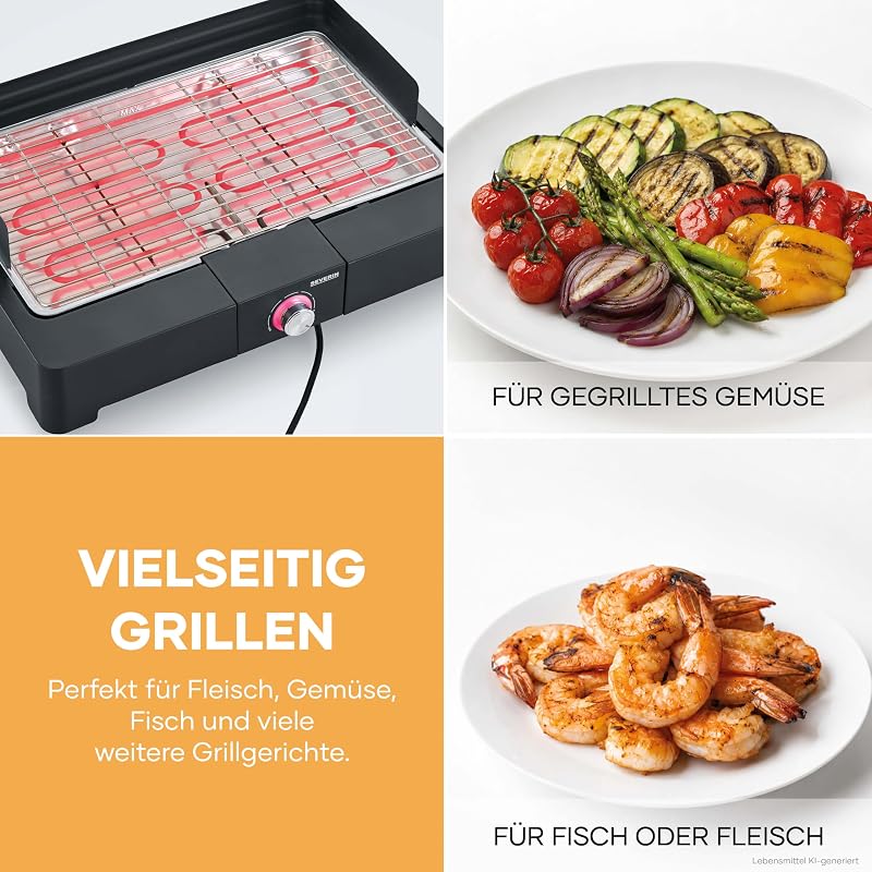 Tischgrill mit Edelstahl-Grillrost für drinnen und draußen, Elektrogrill mit schnellem Grill-Start, Balkon Grill ohne Verbrennungsgefahr, Schwarz, PG 8565