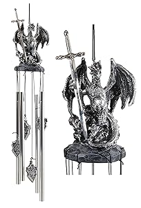 Ebros Gift Medieval Silver Dragon Holding Excalibur Sword and Orb Figurine Crown Top Resonant Wind Chime Garden Patio Home Fantasy Dungeons and Dragons Accent Decor