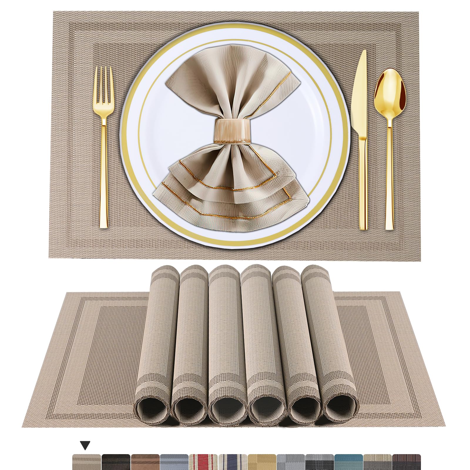 ARTAND Placemats Beige Table Mats Set of 6 Woven Vinyl Place Mats for Dinner Table Washable & Durable Indoor/Outdoor Use Table Accessories -6 Pcs, Beige