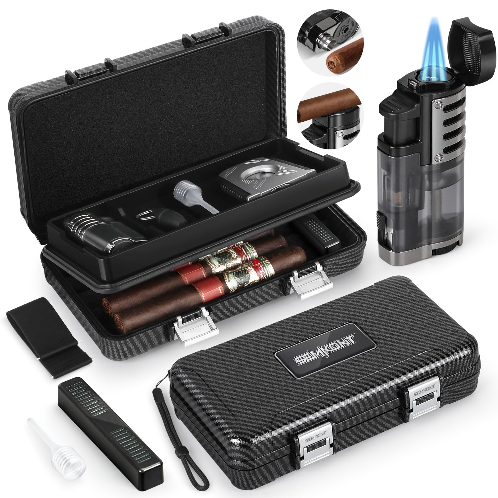 Photo 1 of SEMKONT Cigar Humidor, Portable Travel Cigar Box, Double Cigar Humidor with Separate Storage for Cigar Accessories, Cigar Travel Case with Cigar Lighter(No Butane), Holds 5 Cigars (Carbon Fiber)