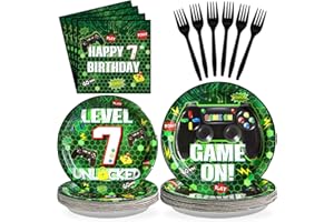 Grencian 96Pcs 7th Birthday Party Decorations Green Video Game Paper Plates Disposable 7th Birthday Paper Tableware Set for Boys 7 Year Old Video Gamer Birth-day Gaming Party, Serves 24