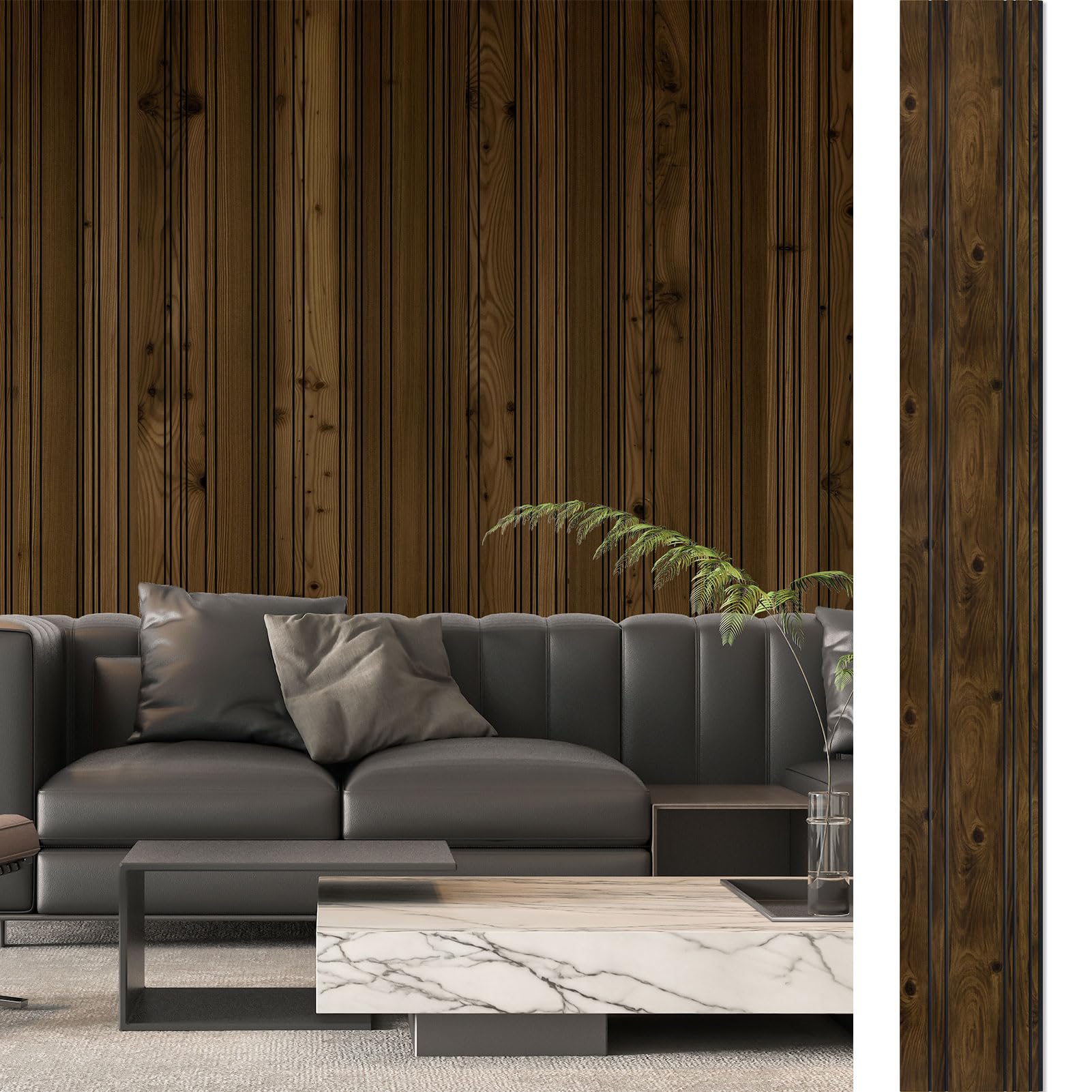 Photo 1 of Art3d 4-Pack Glue-On Wall Panels, Wood Grain Texture Interior Wall Decor, 104"x12" Recycled Polystyrene Wainscoting Panels, Low Emission for Living Room Bedroom,Natural Walnut