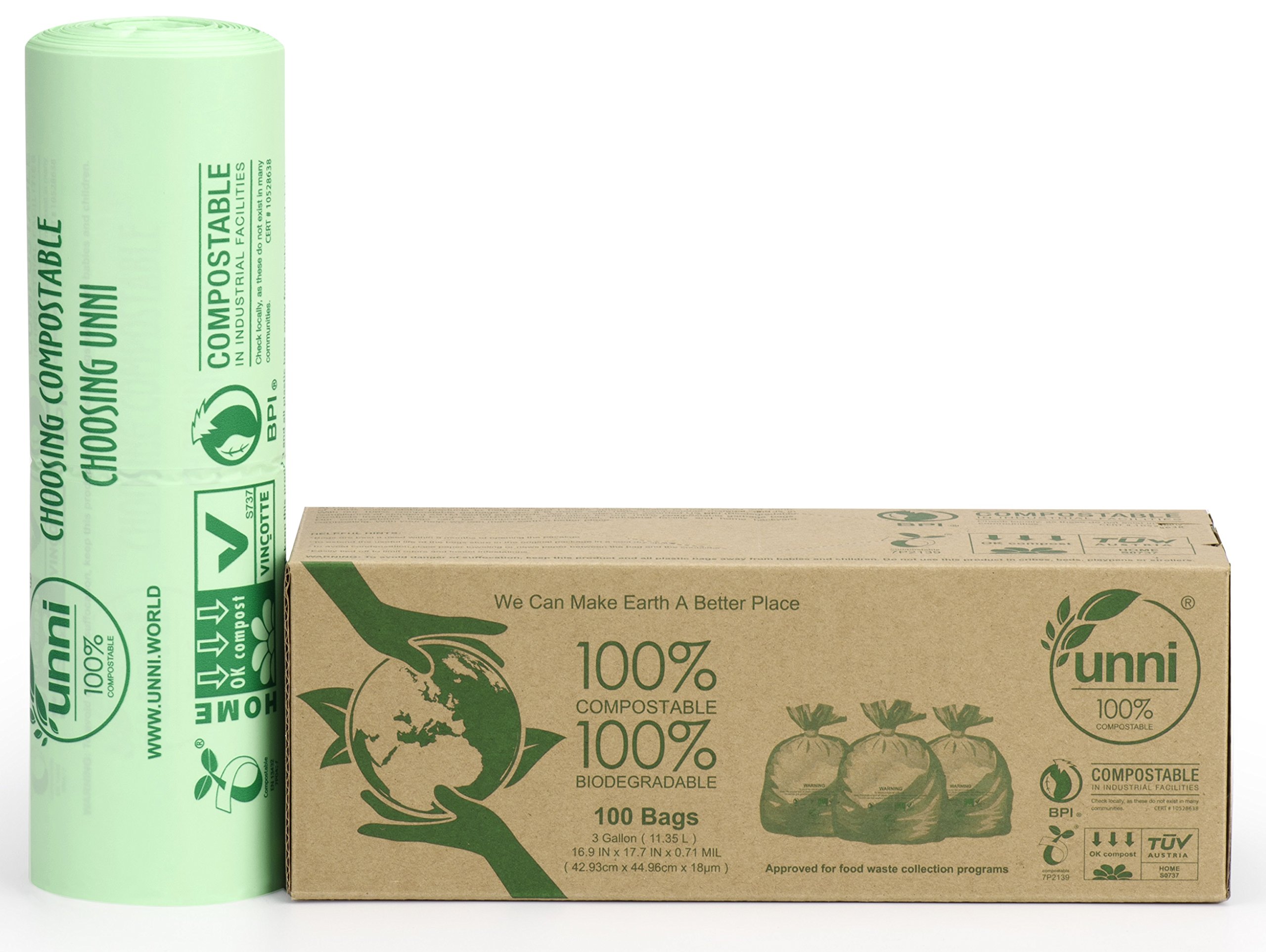 UNNI ASTM D6400 100 Compostable Bags, 3 Gallon,100 Count,Extra Thick 0