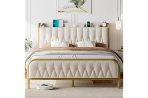 Feonase Velvet Full Size Bed Frame with Fast Charging Station,Full Metal Platform Beds with Upholstered Headboard & Footboard,12" Underbed Storage Space,Easy Assembly,Noise-Free,Beige