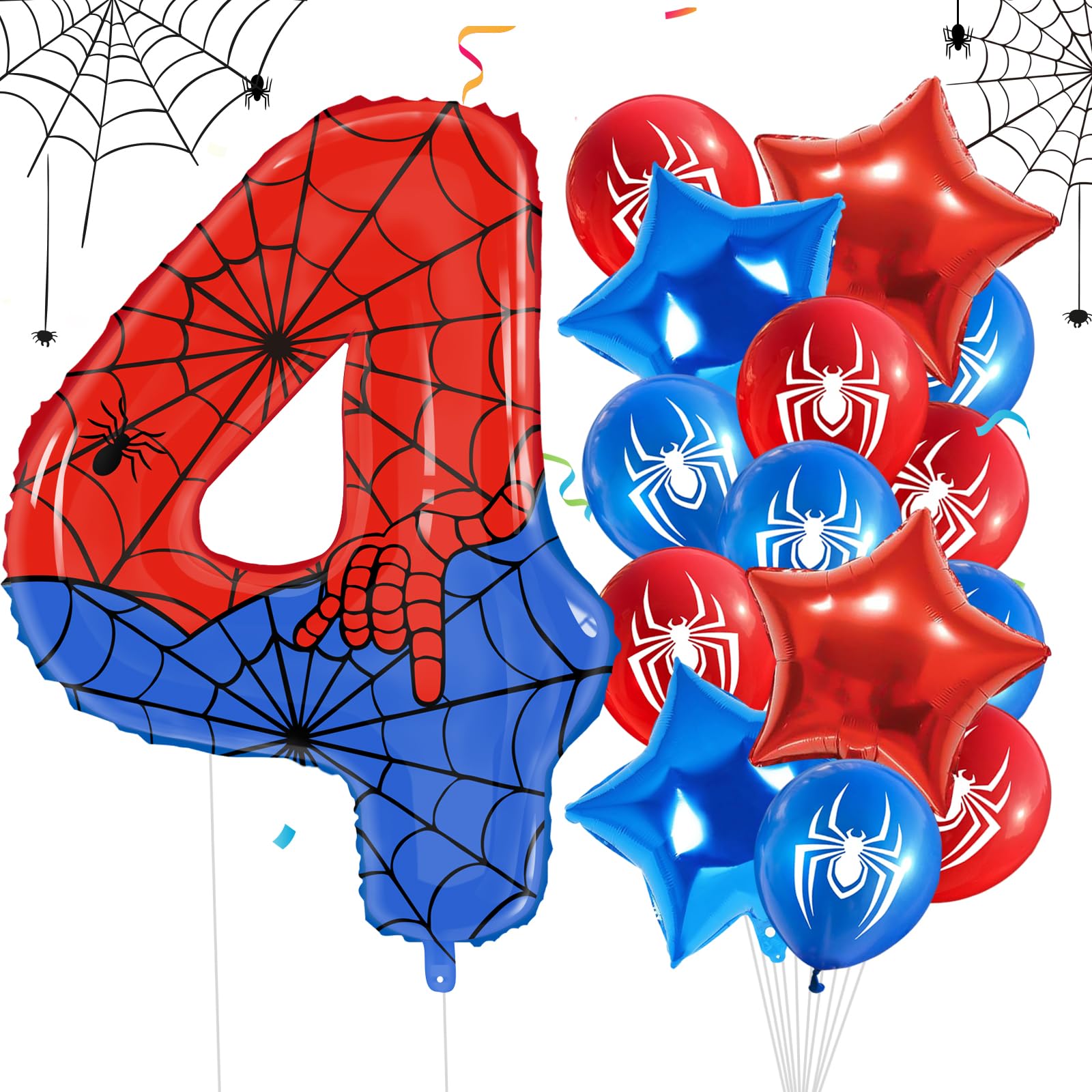 Photo 1 of 15 Pcs Spider Birthday Decorations 40 Inch Giant Number 4 Foil Balloon Star Foil Red Blue Balloons Birthday Party Decorations for Boys Kids Girls Anniversary Baby Shower Party Supplies Gifts