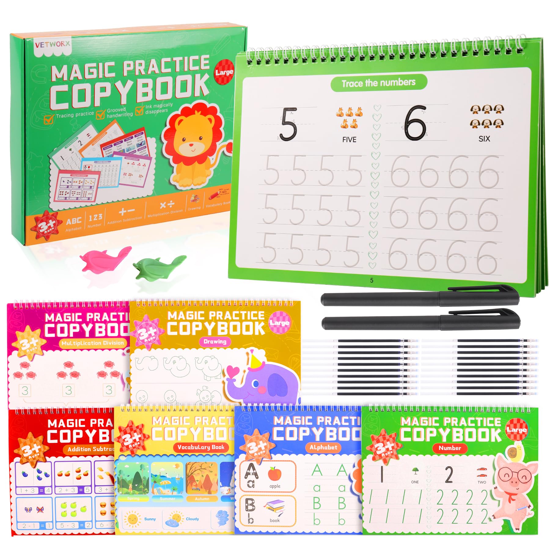 6 Pack Magic Grooved Copybooks, Magical Ink Handwriting Practice Books for Kindergarten, Reusable Learning Activity Book, Numbers, Alphabet & Drawing-Workbook for Kids Age 3-8 Preschool Calligraphy