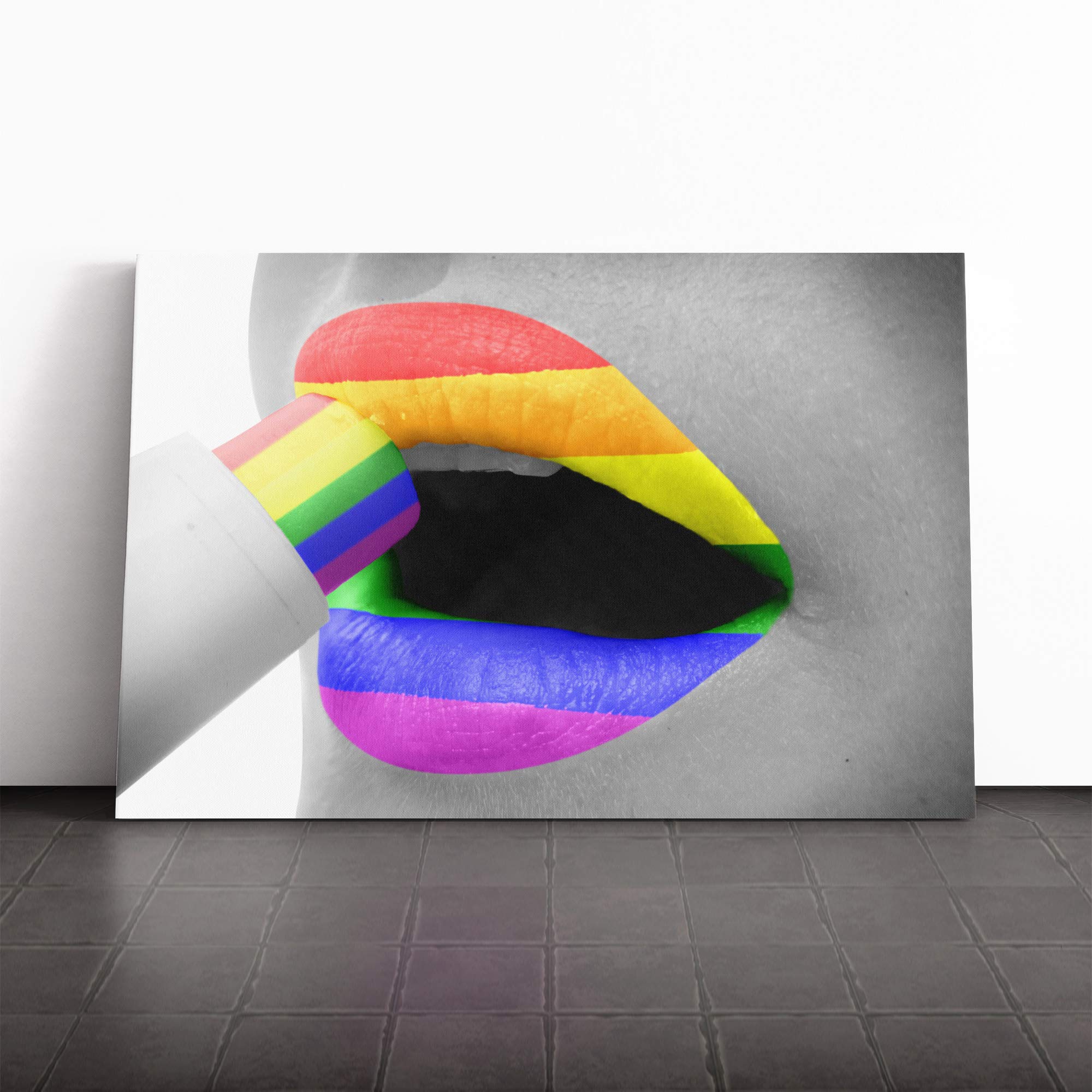 Rainbow Lips Canvas Print | Gallery Wrapped 30mm Frame Wall Art | 20x14 inches | Ready to Hang | Modern Rainbow Picture | Living Room Bedroom Lounge Office