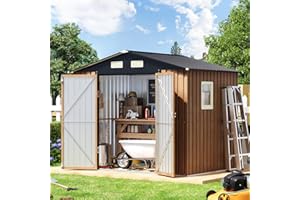 Panovue 8X6 FT Garden Storage Shed with Lockable Door,Steel Tool Shed with 1 Clear Window, Anti-Corrosion Metal Shed for Backyard Patio Lawn (Wood Panels & Frame Floor Not Included)(Light Wood Grain)