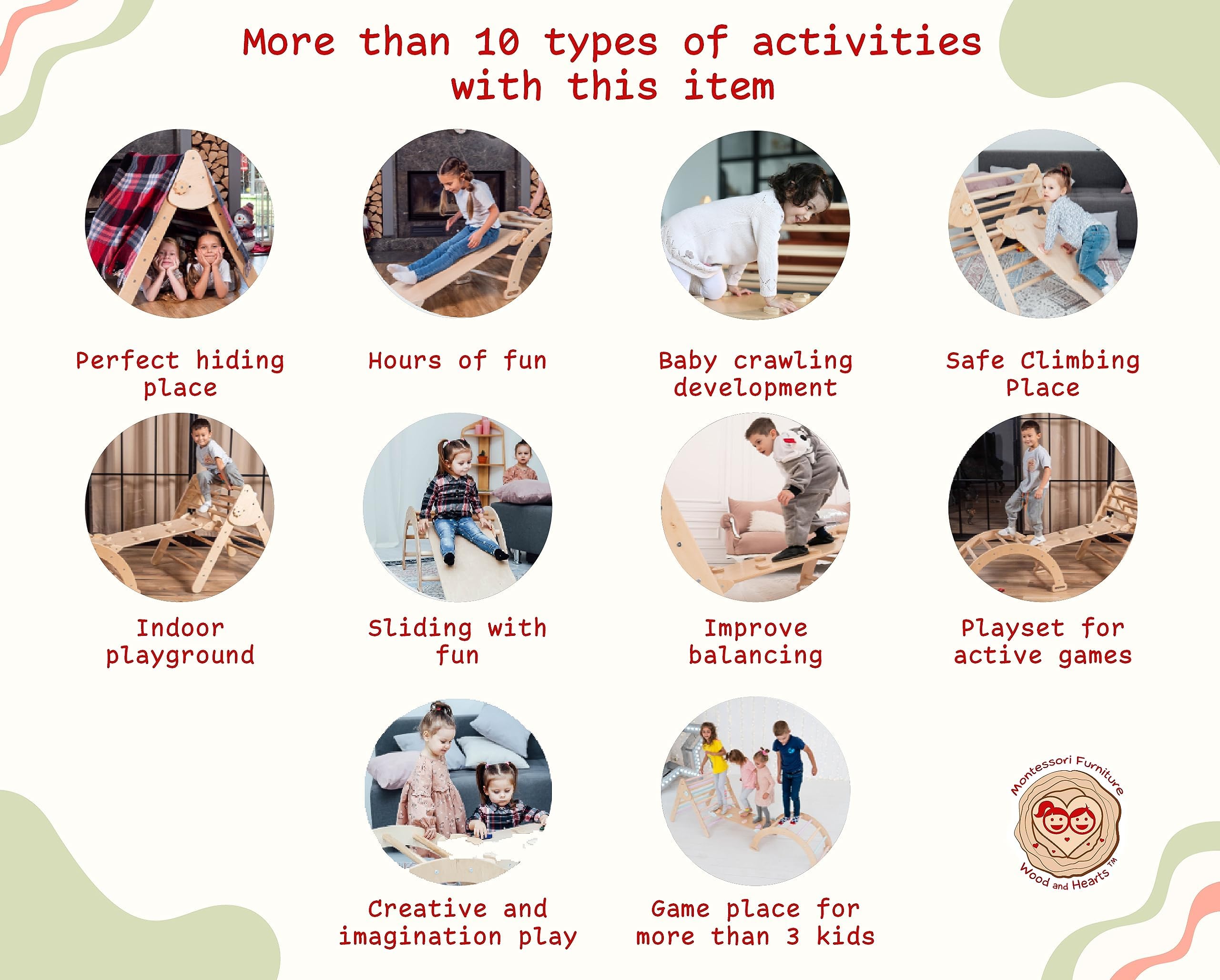 WoodandHearts Montessori Pikler Triangle Climbing Set - Foldable Climbing Triangle with Slide, Ramp, Arch - Wooden Toddler Climbing Toys Indoor Playground Jungle Gym for Kids Age 2-8