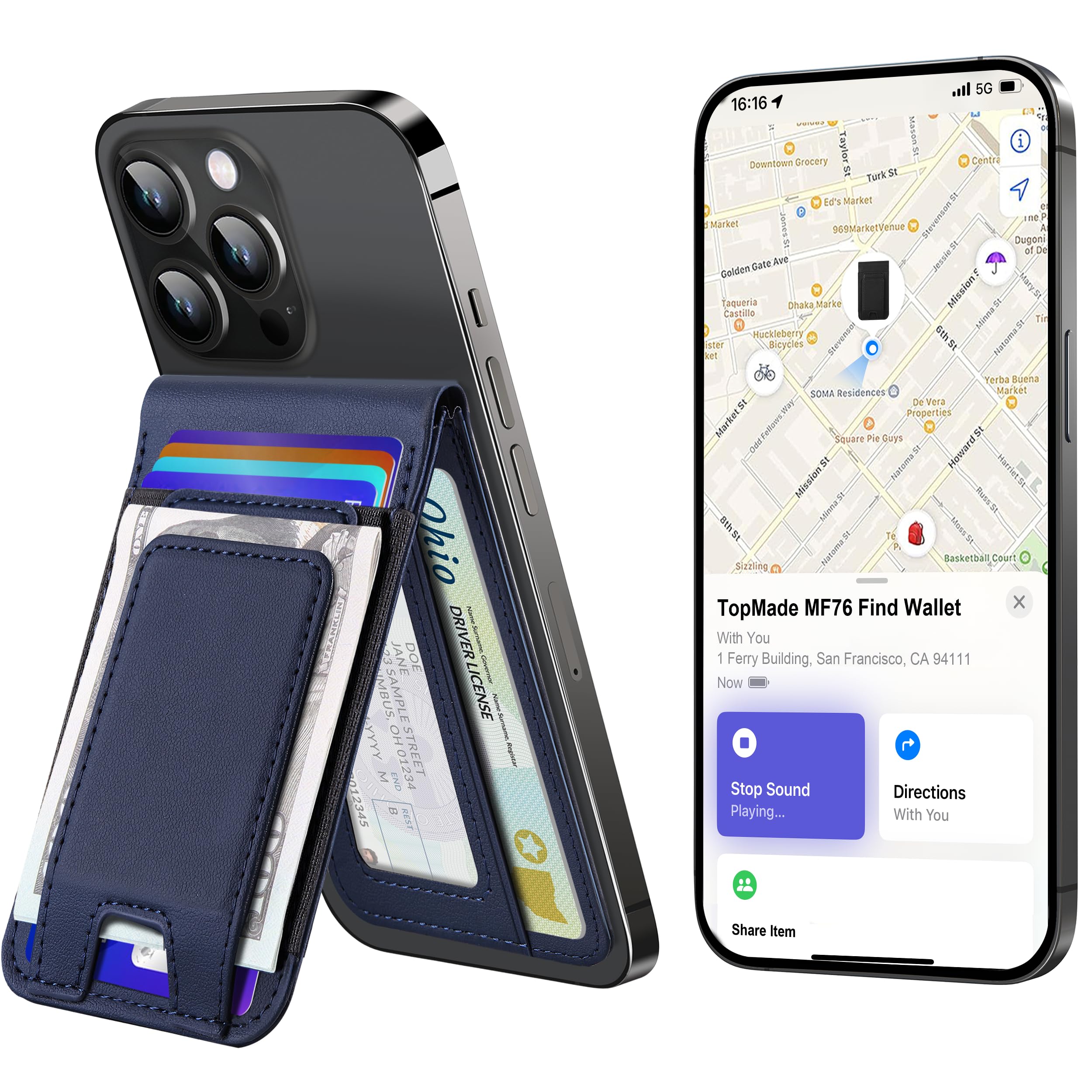 Photo 1 of TopMade for MagSafe Wallet with Money Clip, Works with Apple Find My, Strong Magnetic Wallet for iPhone 17/16/15/14/13/12 Series, for iPhone Wallet Stand with Finder Tracker, 8 Cards Holder, Navy Blue
