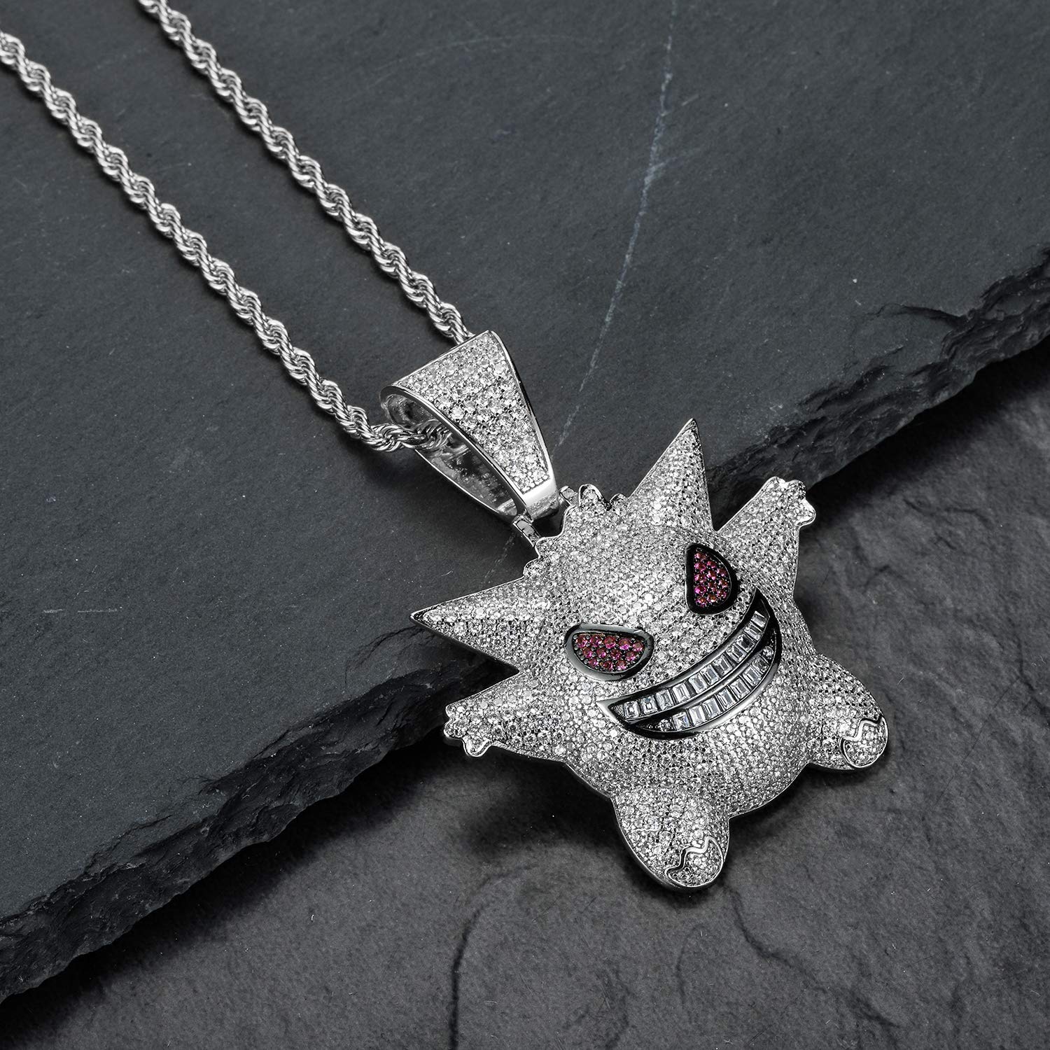 MTCLFTOO Hip Hop Gengar Pendant Jewelry Unisex Iced Out Necklace with Rope Chain+Mala Beads Bracelet Gift for Men Women-(Silver)