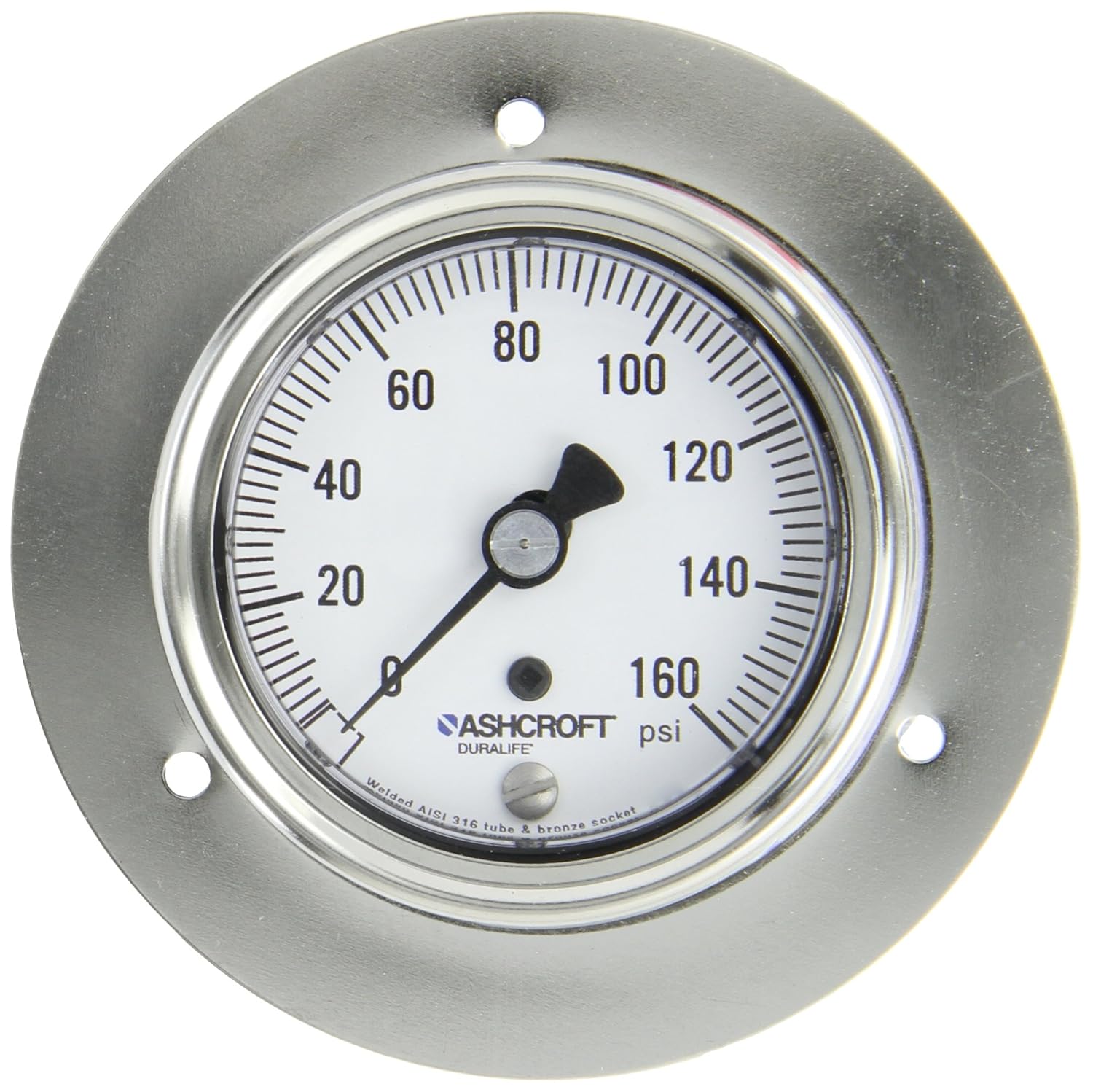 ASHCROFT Duralife Type 1009 Stainless Steel Case Dry Filled Pressure Gauge, Stainless Steel Tube