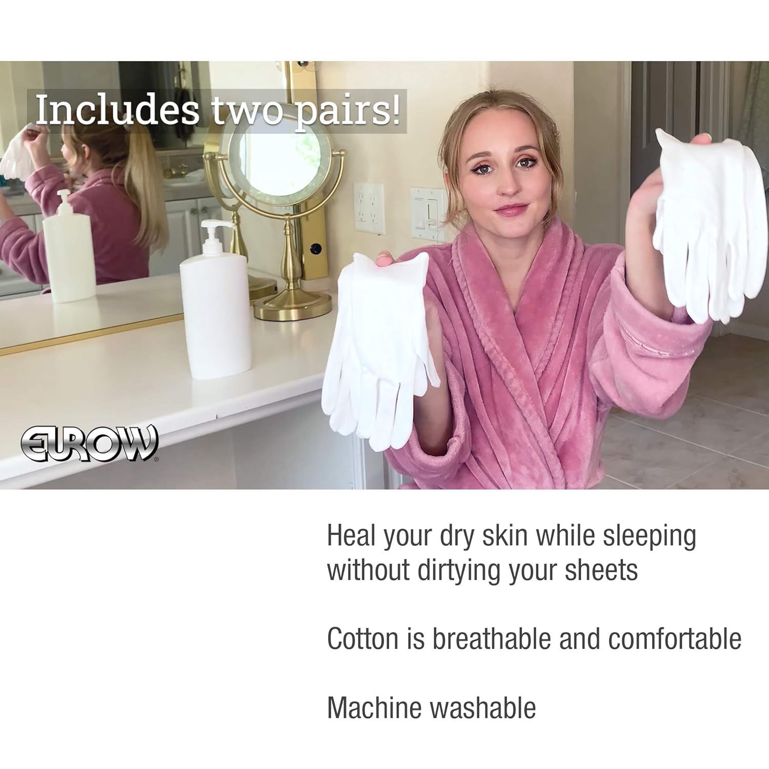 Eurow Cotton Cosmetic Moisturizing Therapy Gloves, One-size-fits-most, White, 2 Pairs : Beauty