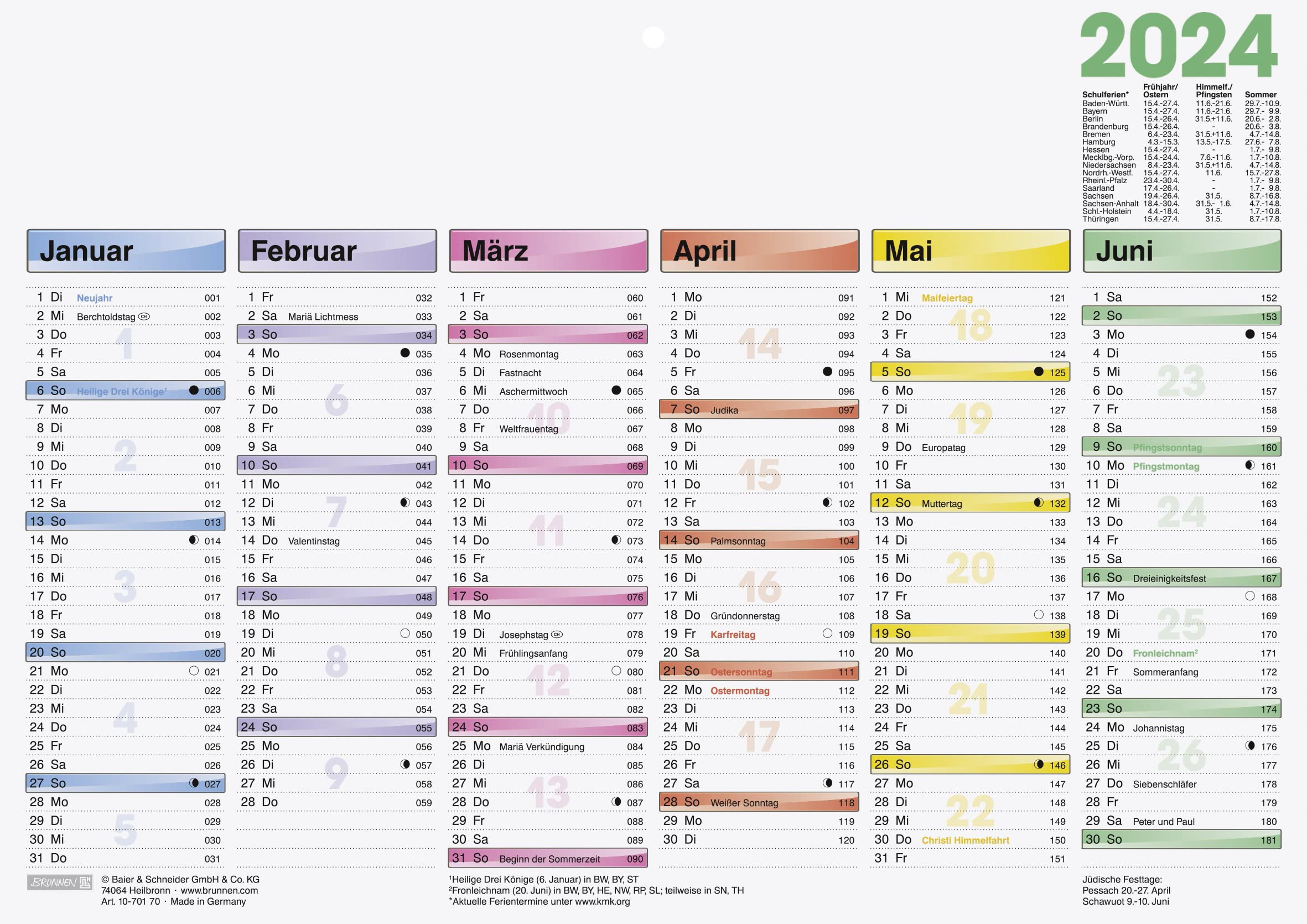 BRUNNEN DATAline 2024 Annual Calendar 1 Page = 6 Months A4 Landscape White
