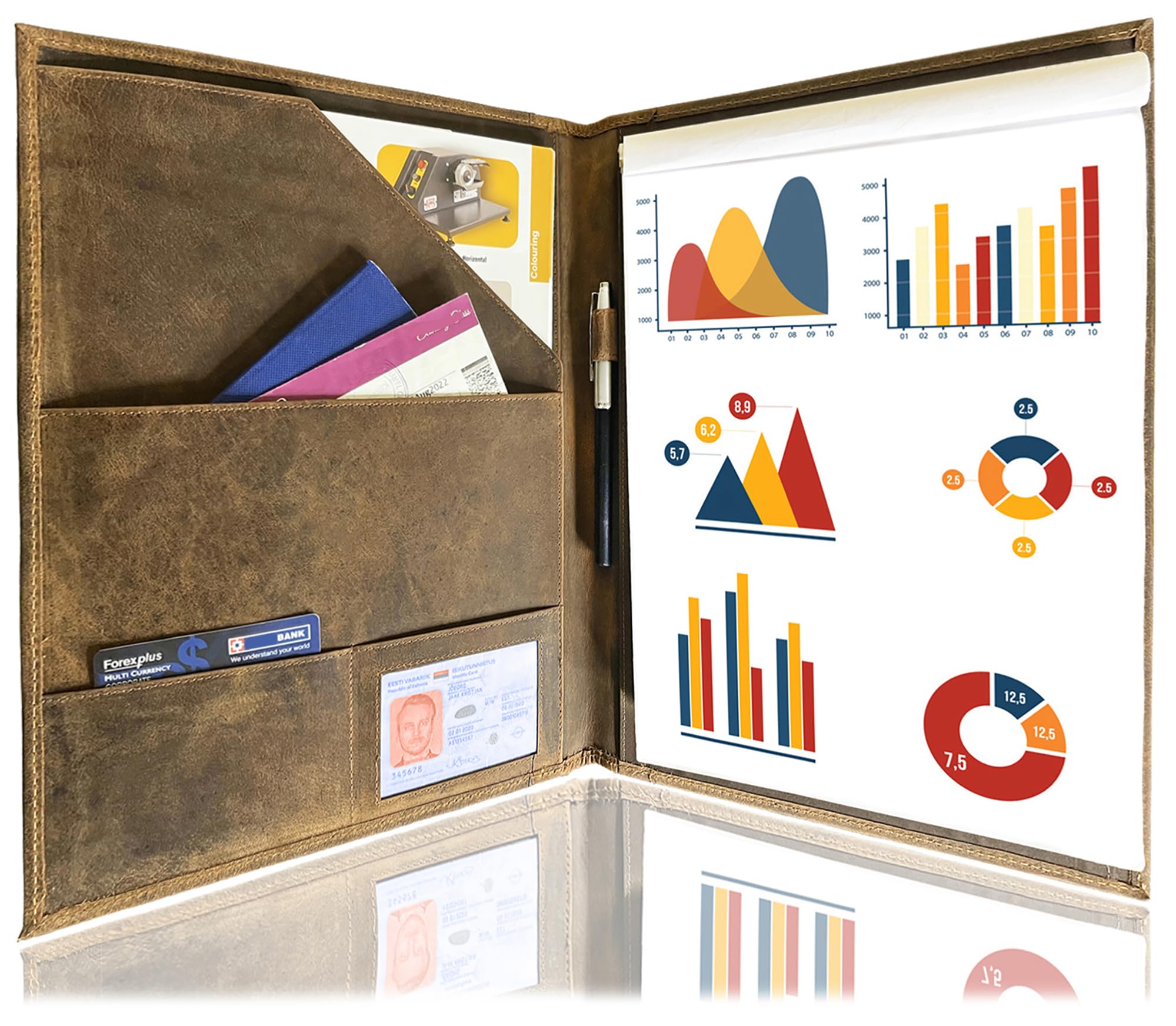 Leather Business Portfolio by Rustic Town | A4 Conference Folder Gift for Men & Women | Handmade Durable Leather Padfolio 3 + 1 Sleeves for Documents and Notepad