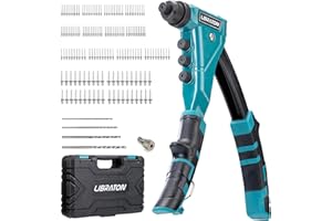 LIBRATON Heavy-Duty Rivet Gun, Pop Rivet Gun Set, Professional Hand Riveter, Manual Riveting Tool with 160 Aluminum Rivets, Includes 4 Drill Bits, 4 Tool-Free Interchangeable Nozzles, Storage Case