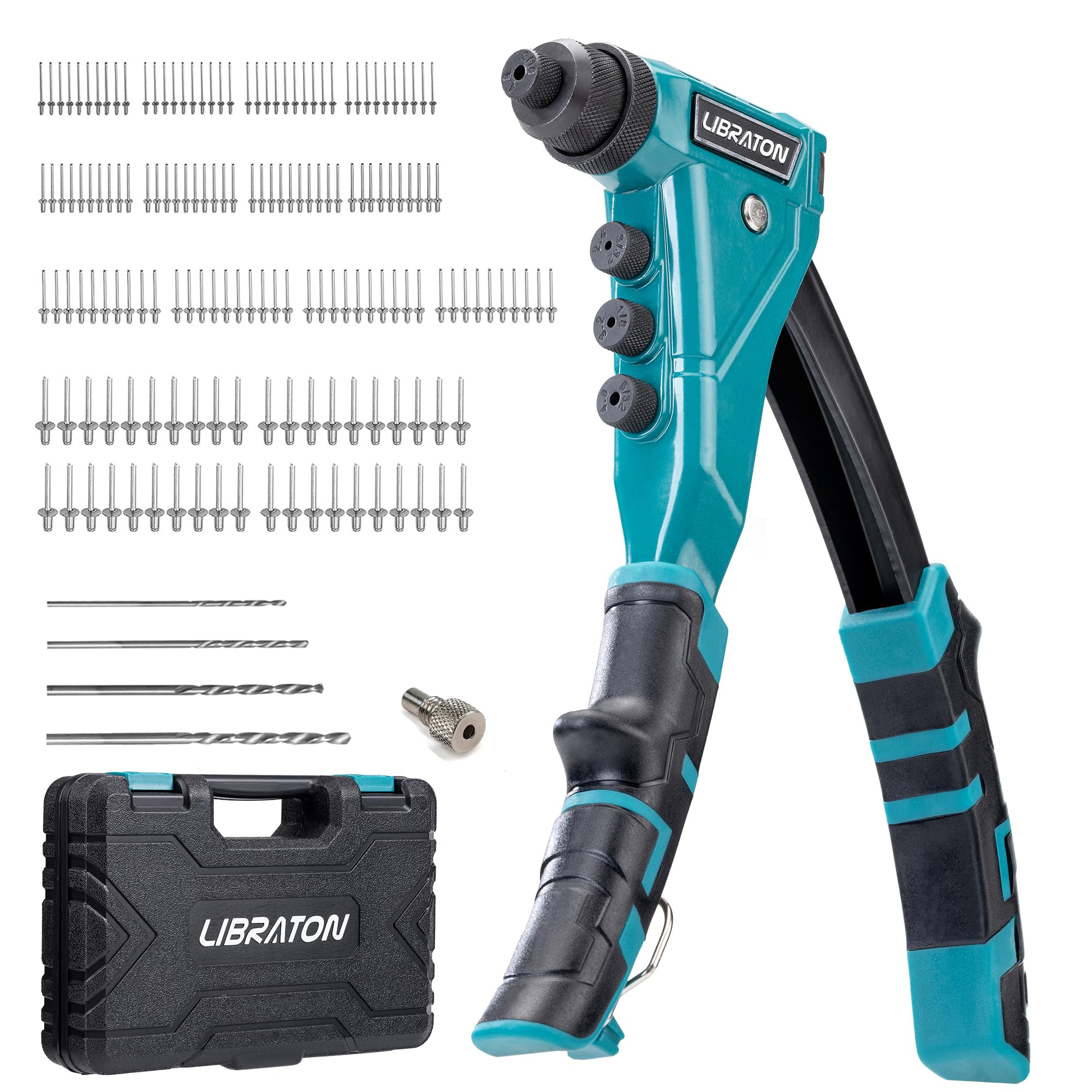 Photo 1 of LIBRATON Heavy-Duty Rivet Gun, Pop Rivet Gun Set, Professional Hand Riveter, Manual Riveting Tool with 160 Aluminum Rivets, Includes 4 Drill Bits, 4 Tool-Free Interchangeable Nozzles, Storage Case