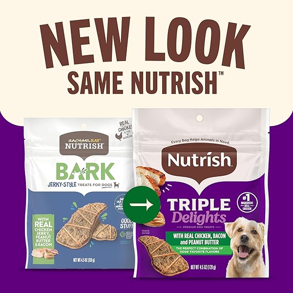 NUTRISH TRIPLE DELIGHTS PREMIUM DOG TREATS FOR DOGS WITH REAL CHICKEN, BACON, AND PEANUT BUTTER, 28 OZ. POUCH