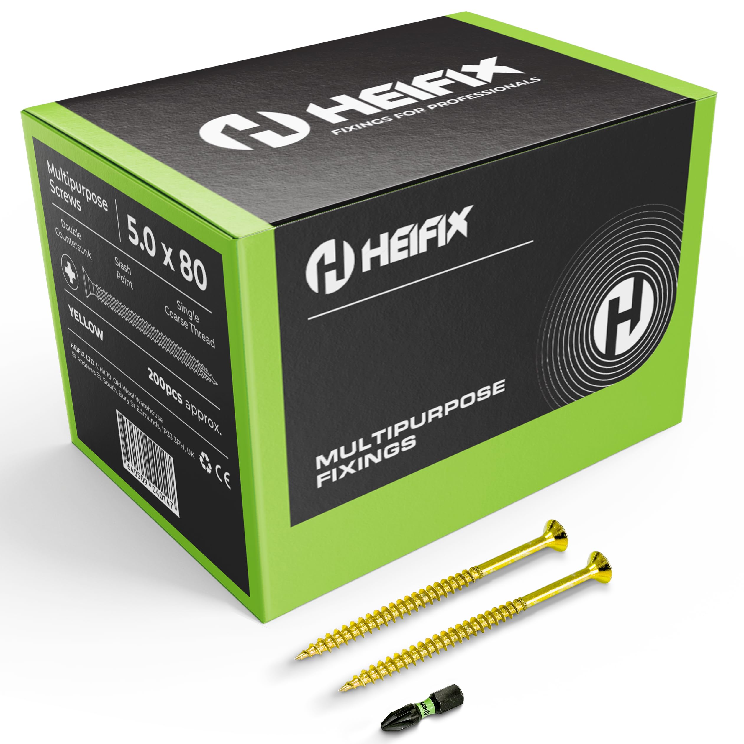 Heifix Multi-Purpose Wood Screws - FREE Screw Bit Included (QTY 200, 5mm x 80mm) Pozi Double Countersunk