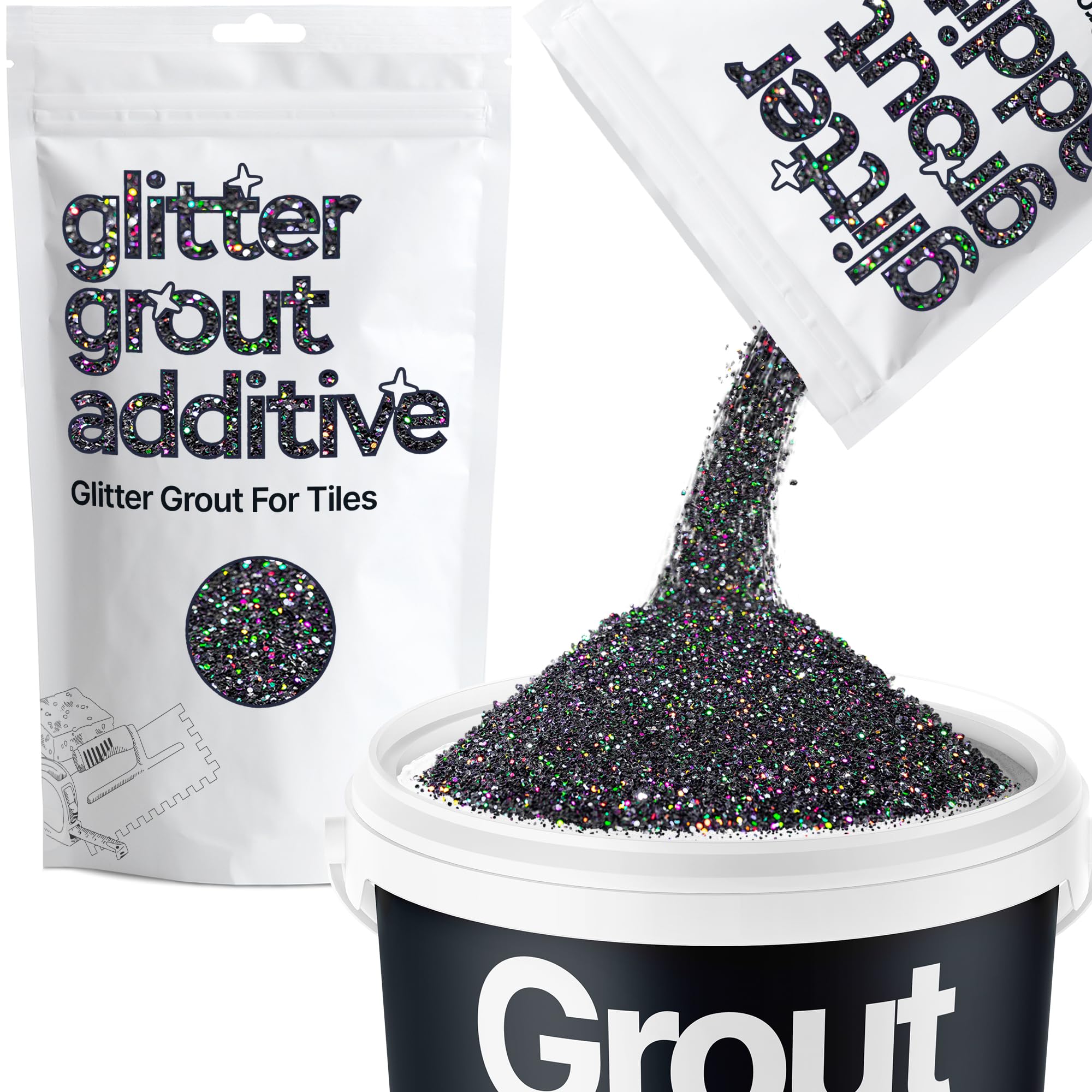 Hemway Black Holographic Glitter Grout Additive 100g Metallic Flakes for Adding Sparkle to Kitchen & Bathroom Tiles | Enhance Your Indoor Grouting Projects with a Durable Sparkly Effect