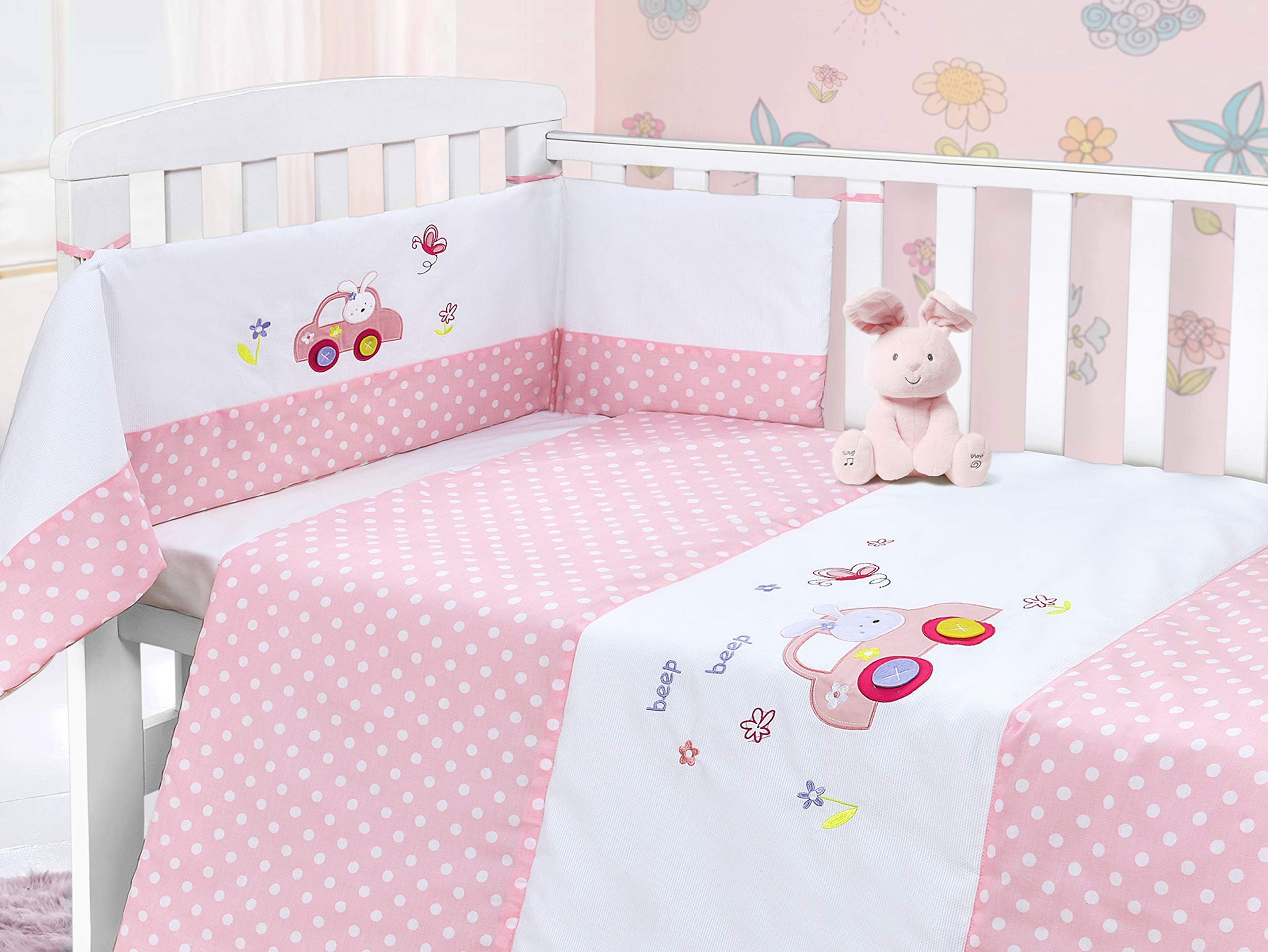 My Little World Beep Beep Car Polka Dot Baby Bale Bedding Set Printed Cot Quilt and Bumper Set - Cotton Mix Baby Cot Bed Set