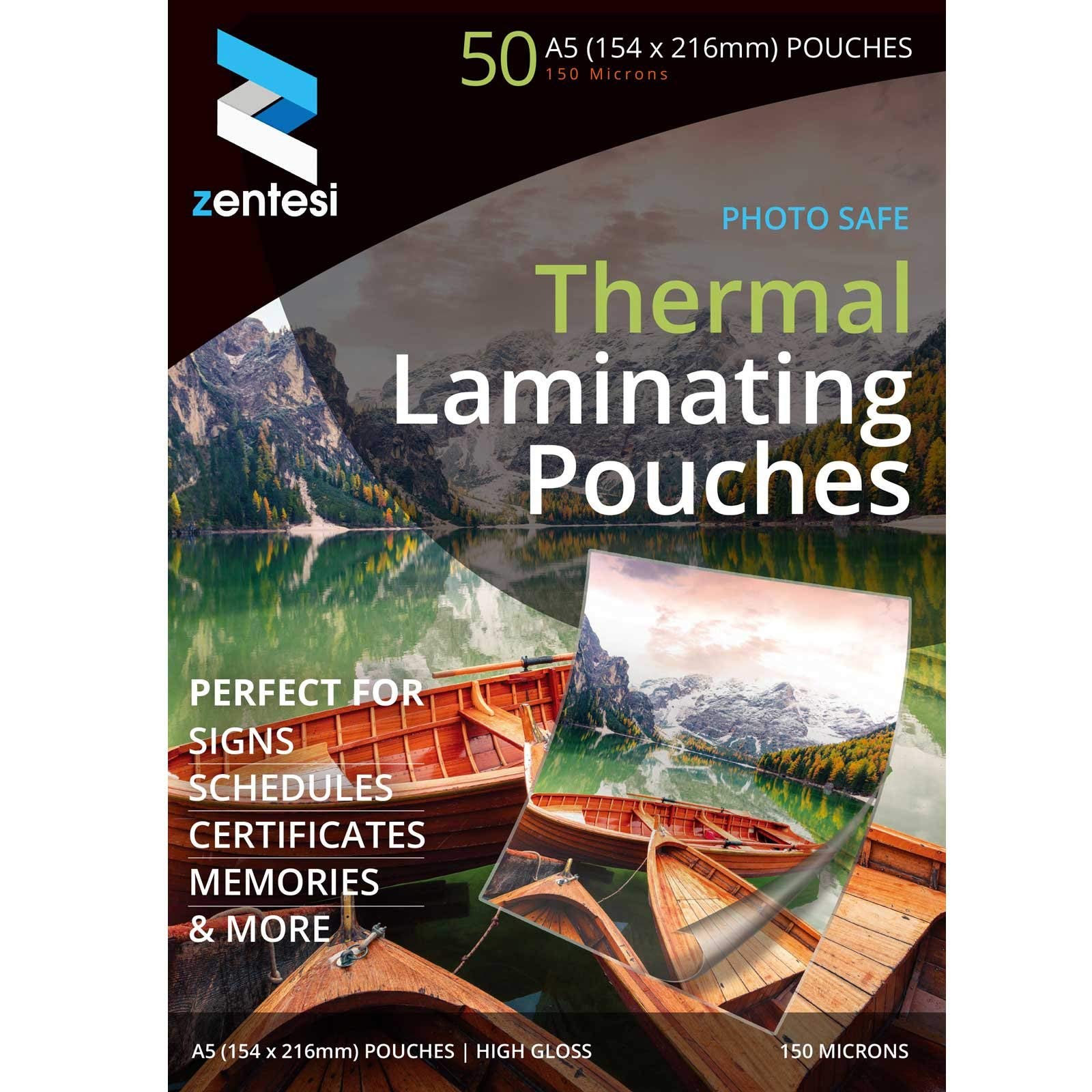Zentesi A5 Laminating Pouches High Gloss Laminator Sleeves 150 Micron (75 + 75 Microns) Glossy Laminate Pouch Sheets - Pack of 50