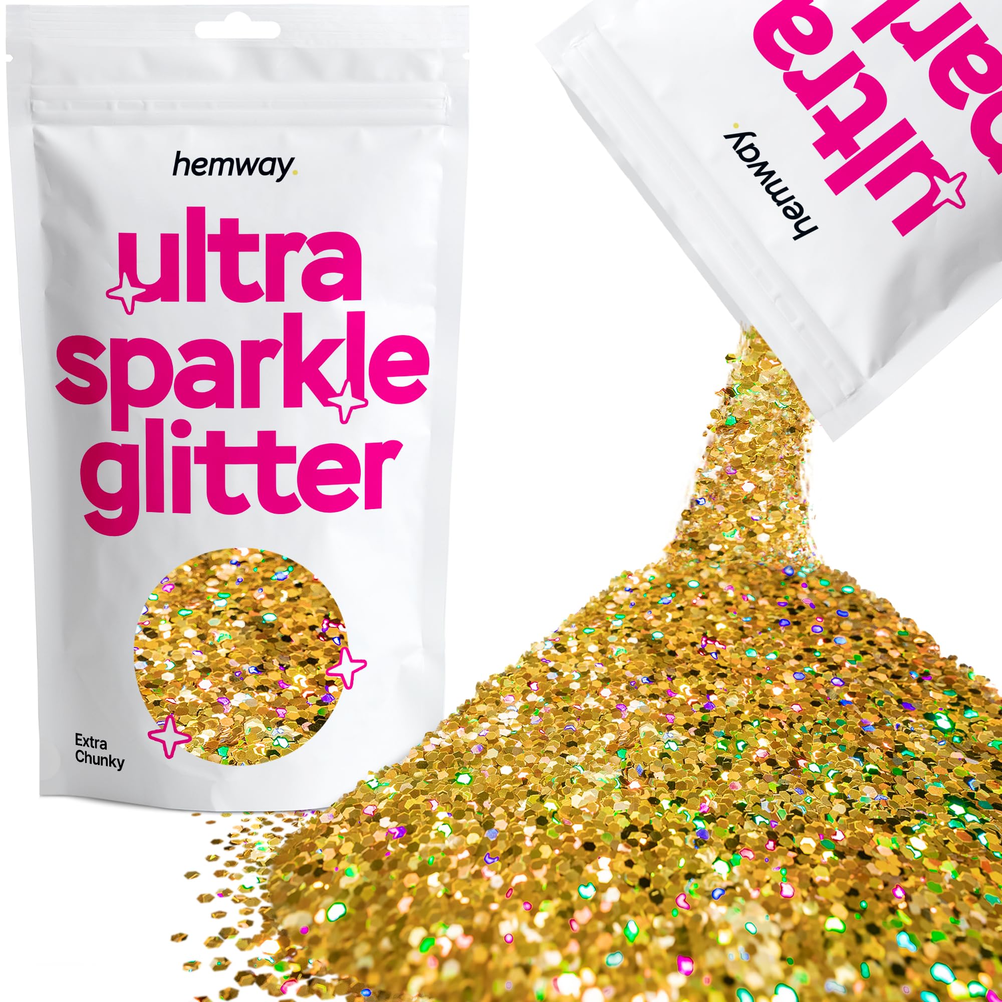 Hemway Ultra Sparkle Glitter Gold Holographic 100g Extra Chunky | Glitter for Arts & Craft, Makeup, Nail Art, Crafting, Card Making, Sparkle Decoration
