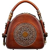 Zhuoliang Genuine Leather Pocketbooks for Women, Retro Organizer Top Handle Satchel Totem Leather Handbag Ladies