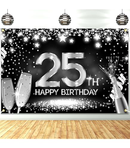 Happy 25th Birthday Backdrop Banner – Black & Silver Large Sign (78x47 Inches) With Ribbon For Party Decor