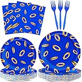 96 Pcs Blue with Gold Ring Plates and Napkins Video Games Party Supplies Cartoon Tinsel Themed Disposable Tableware Set for 24 Guests Birthday Party Decoration