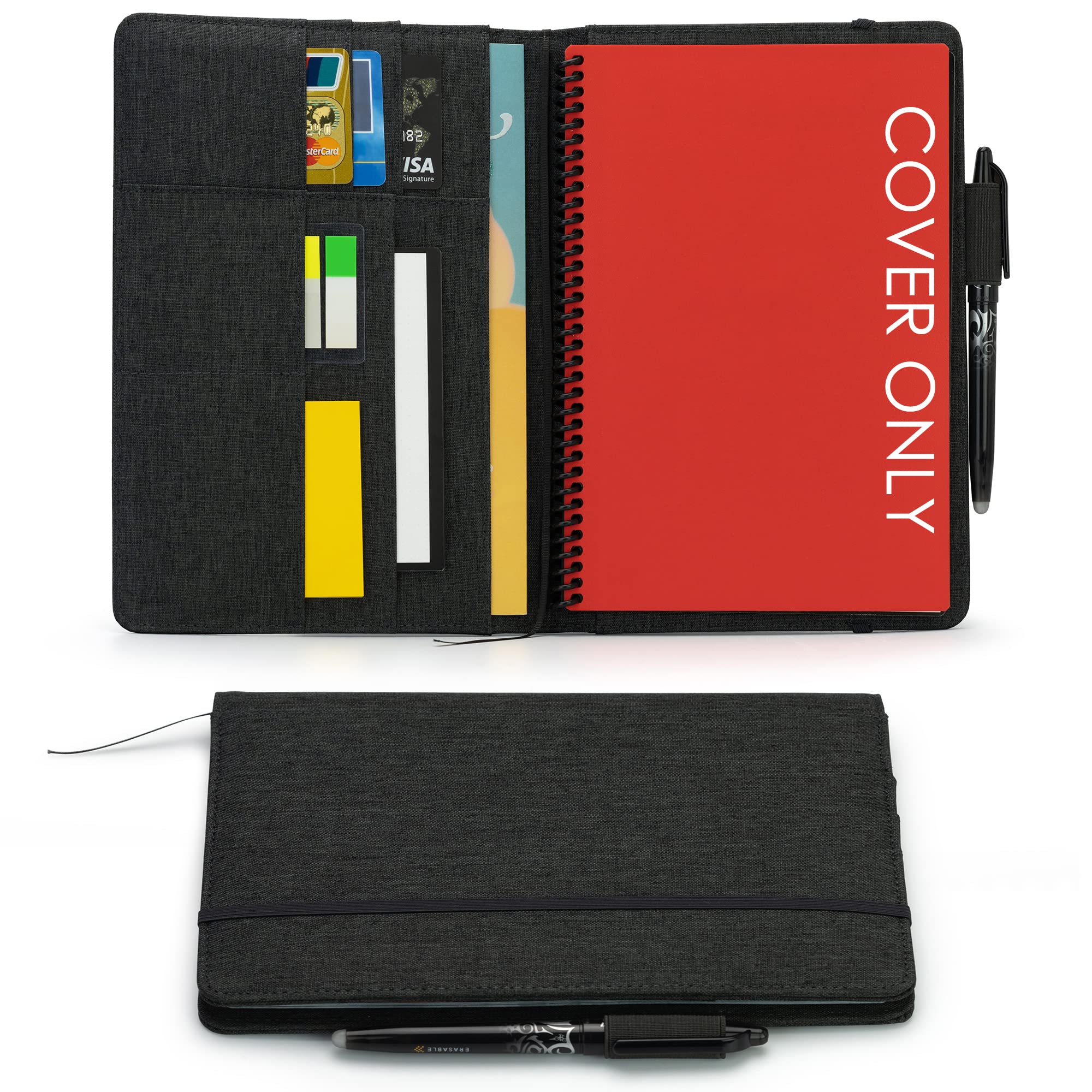 Photo 1 of Kaitiaki Folio Cover Compatible with Rocketbook Everlast, Wave, Fusion, Panda, A5 Portfolio Organizer with Pen Loop, Business Card Holder, Waterproof Fabric, Ribbon bookmark, Executive Size, Black