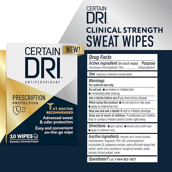 CERTAIN DRI ANTIPERSPIRANT WIPES FOR EXCESSIVE SWEATING & HYPERHIDROSIS – 72HR CLINICAL STRENGTH ODOR & PERSPIRATION PROTECTION, TRAVEL-FRIENDLY, DERMATOLOGIST RECOMMENDED, (10 COUNT)