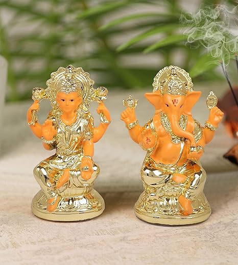 TIED RIBBONS Gold Plated Lakshmi Ganesha Idol Statue Showpiece for Home Decoration and Gifts (7.6 cm x 4 cm, Multicolour)