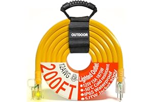 HUANCHAIN 200 ft 12/3 Gauge Outdoor Extension Cord Waterproof Heavy Duty with Lighted end, Flexible Cold-Resistant 3 Prong Electric Cord Outside, 15Amp 1875W 12AWG SJTW, Yellow, ETL