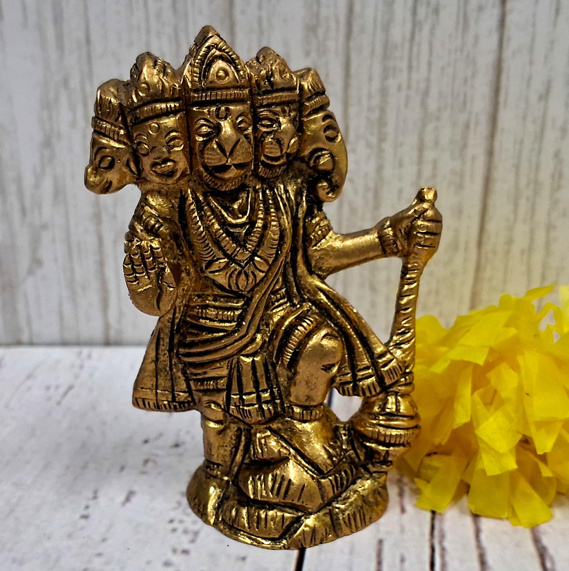 Purpledip Brass Idol Panchmukhi Hanuman: Vintage Statue for Home Temple (10377)