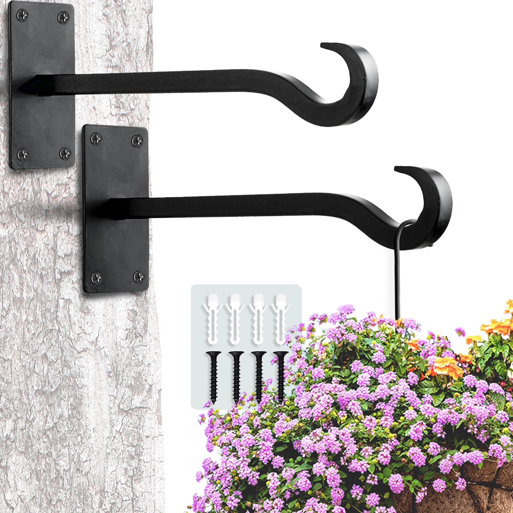 Photo 1 of Qiang Ni Bird Feeder Hanger: 8-Inch Wall-Mounted Plant Bracket Outdoor - 2 Pieces Black Plant Hooks for Hanging Flower Baskets