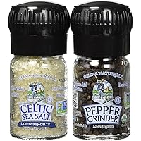 Celtic Sea Salt Organic Peppercorn and Light Grey Celtic Sea Salt Mini Grinders, 2.9 Ounces – Reusable, Refillable Glass Grin