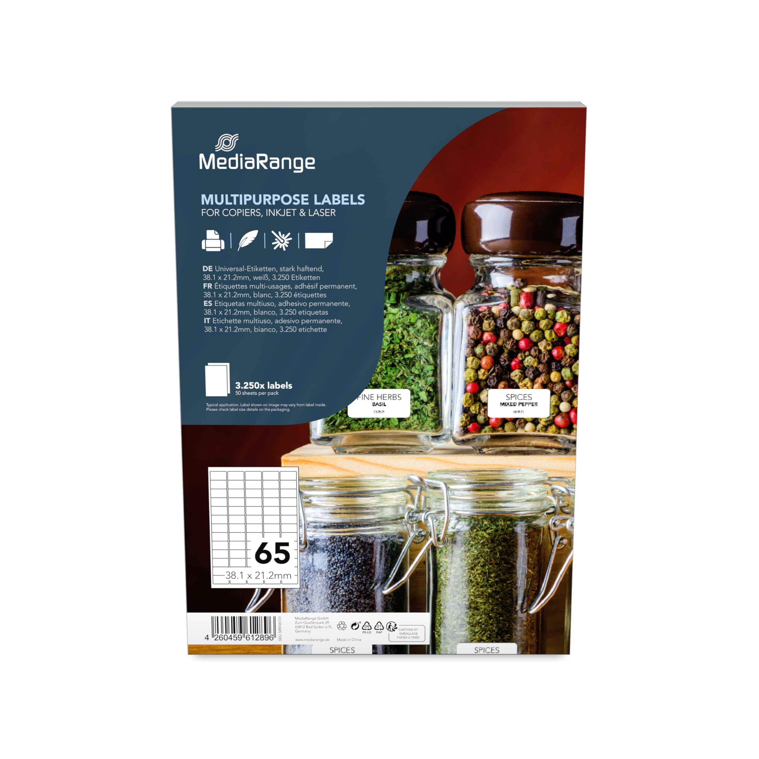 MediaRange MRINK151 Labels 38.1x21.2mm White 3250 Pieces Universal Strong Adhesion