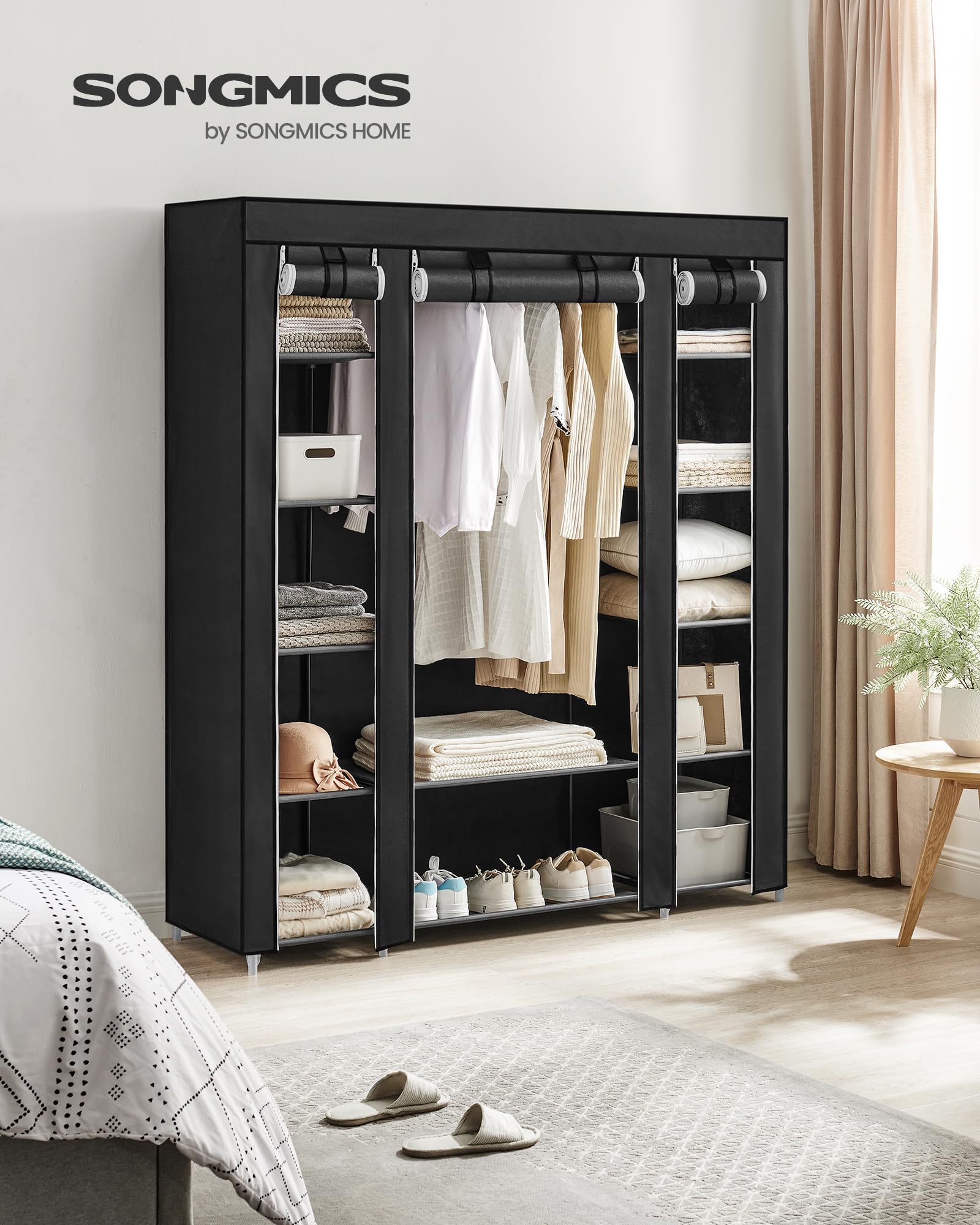 SONGMICS Kleiderschrank, Stoffschrank, mit Kleiderstange und Ablagen, Soffüberzug, für Schlafzimmer, Ankleidezimmer, 150 x 45 x 175 cm, schwarz LSF03H 2