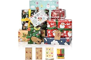 SEDEX Christmas Wrapping Paper Cute Santa Reindeer Snowmen Gift Wrap Xmas Wrapping Paper with Gift Tags & Stickers Holiday Bi