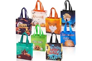 Jaywayang 8Pcs Halloween Trick or Treat Bags, Small Halloween Tote Bags with Handles, Gift Bags, Reusable Non-Woven Halloween Bags for Gifts Wrapping, Halloween Party Supplies, 7.9×7.9×3.15"