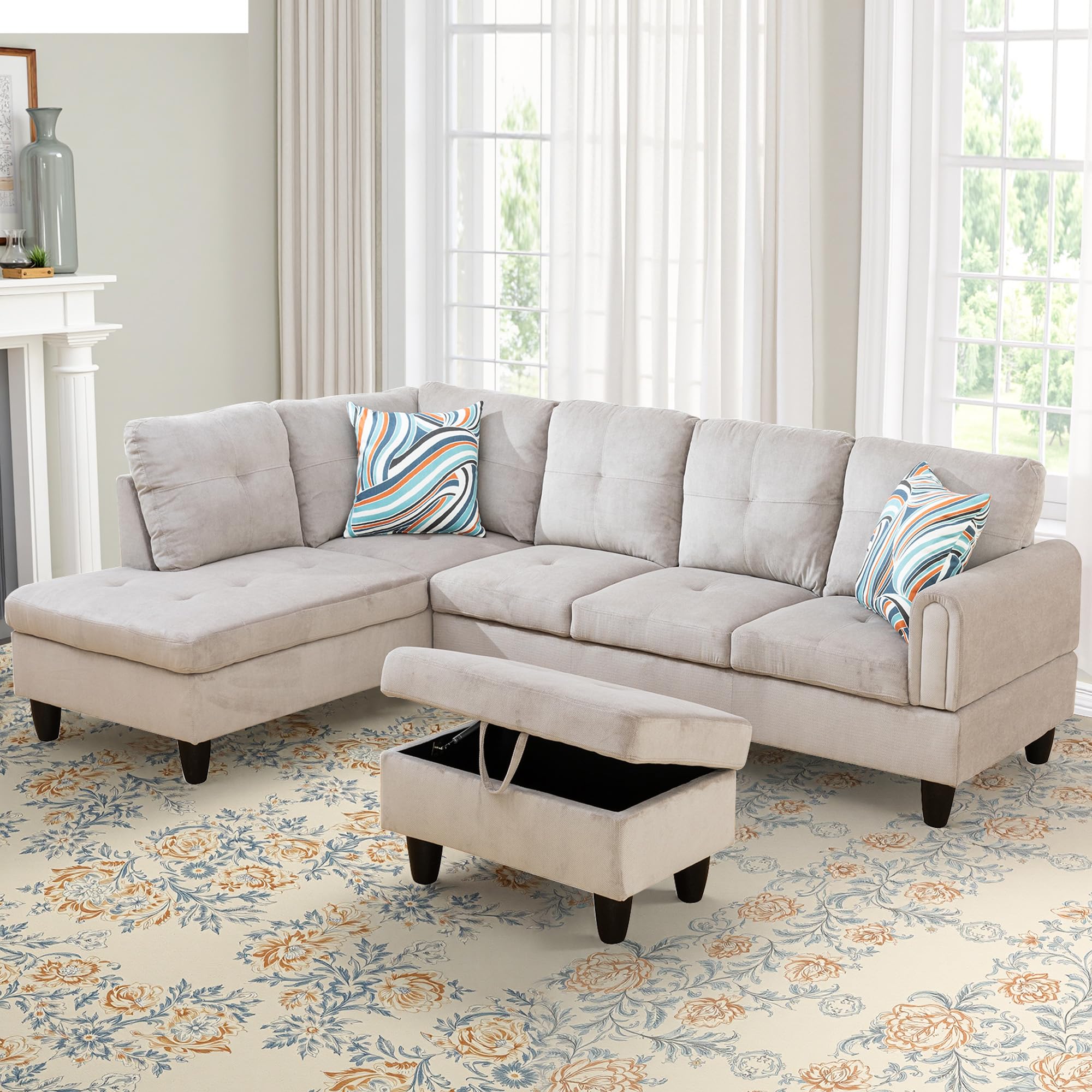 Photo 1 of **MISSING PARTS***NicBex Sectional Couches Upholstered L Shaped Couch 3 Pieces Corduroy Cloud Couch Modular Sectional Sofa with Ottoman and Back Cushions for Living Room and Reception Room, Grey White